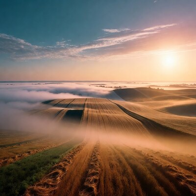 Sunrise over Foggy Rolled Fields