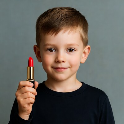 Boy holding red lipstick