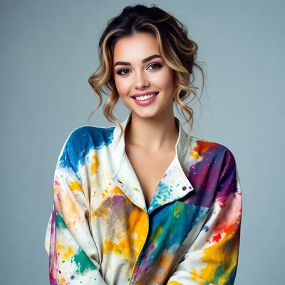 Smiling woman in colorful paint-splatter jacket