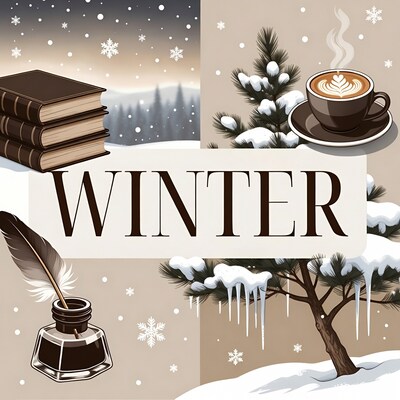 Winter Illustration with Books Coffee Tree