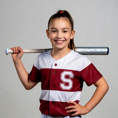 Girl in softball uniform holding bat
