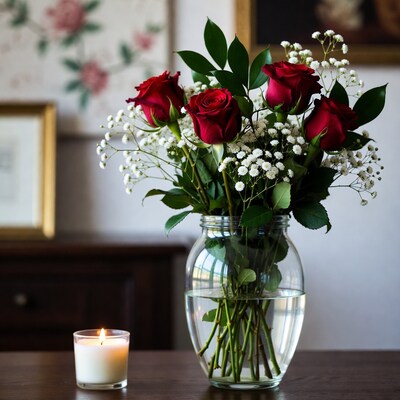 Red Roses Bouquet with Candle