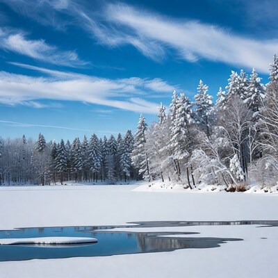 Snowy frozen lake with evergreen trees