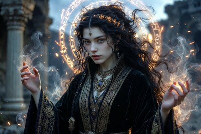 Woman casting magic in ancient ruins