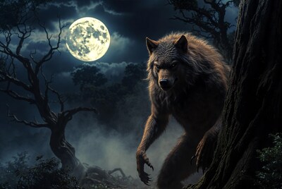 Werewolf howling under full moon