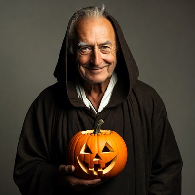 Elderly man in robe holding jack-o-lantern