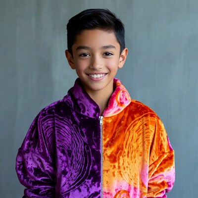 Asian boy in purple orange hoodie smiling