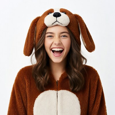 Girl laughing in brown dog costume