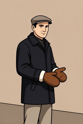 Cartoon man in coat and mittens