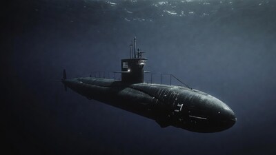 Submarine underwater with American flag