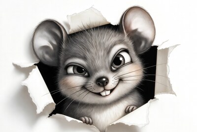 Cute mouse peeking through torn paper