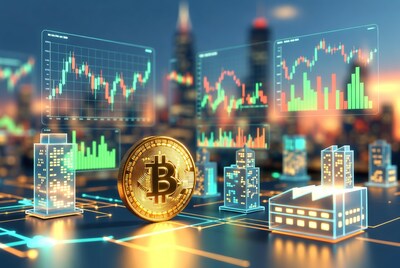 Golden Bitcoin with city skyline and charts