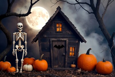 Skeleton with pumpkins by haunted house