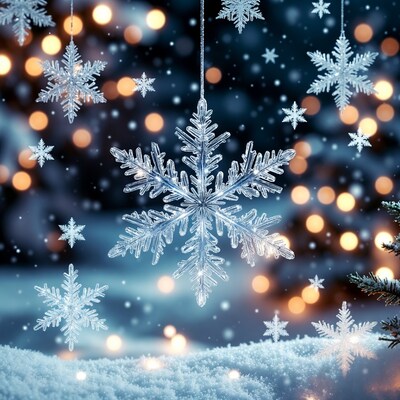 Snowflakes with bokeh lights and snow