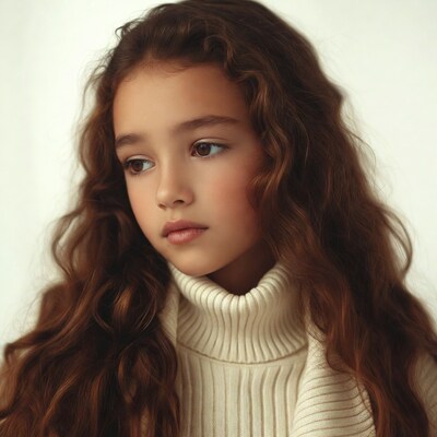 Girl with curly brown hair in turtleneck