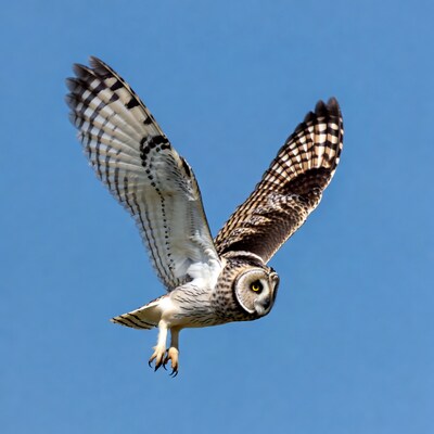 Short-eared Owl Flying in Blue Sky