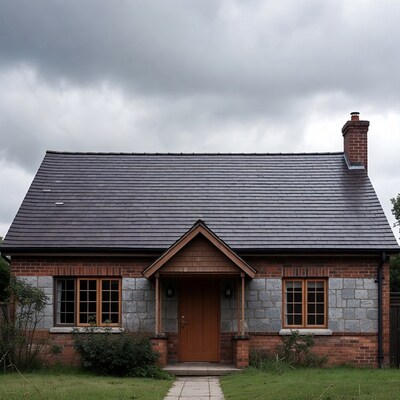 Brick cottage with slate roof under cloudy sky