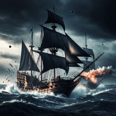 Pirate Ships Battling in Stormy Sea