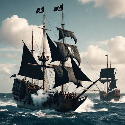 Pirate Ships Sailing with Crew