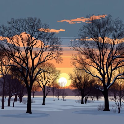 Winter Sunset Over Snowy Bare Trees