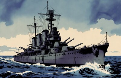 Battleship sailing through ocean waves