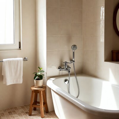 Modern white bathtub in sunny bathroom