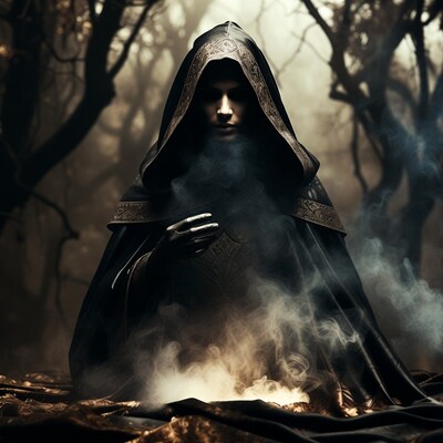 Hooded wizard casting spell in misty forest