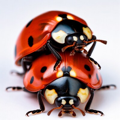 Two ladybugs stacked on white background