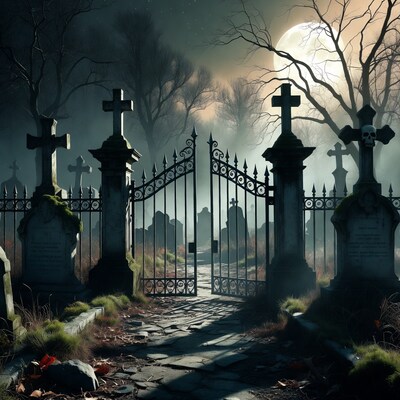 Open cemetery gate under full moon