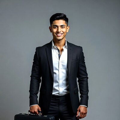Young Asian man in suit holding briefcase