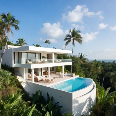 White modern villa with infinity pool