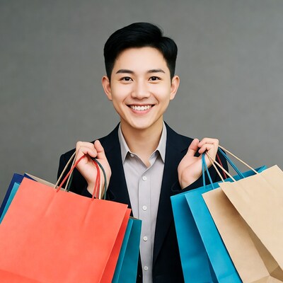 Asian man holding shopping bags