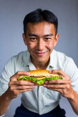 Asian man holding sandwich