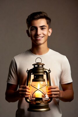 Young man holding lit lantern