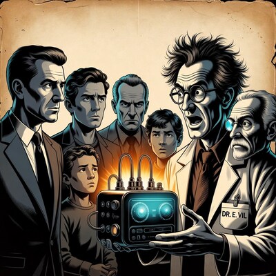 Dr. Vil presenting gadget to suited men and boys
