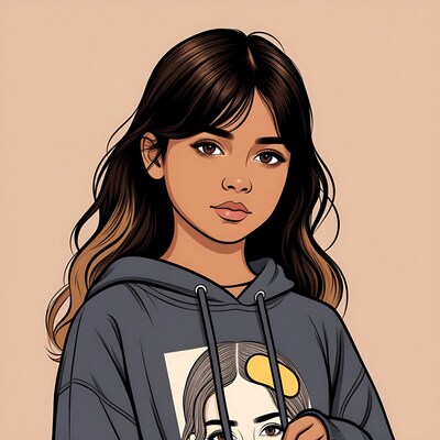 Girl in hoodie with portrait print