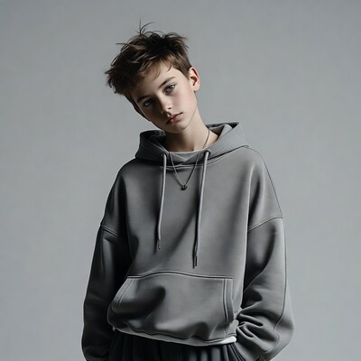 Teen boy in gray hoodie