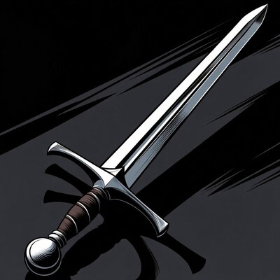 Silver medieval sword on black background