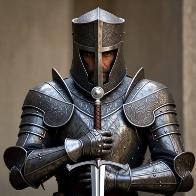 Knight in ornate armor holding sword