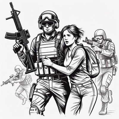 Soldier protecting woman with rifle