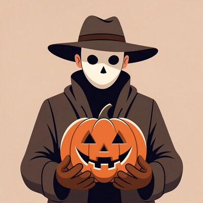 Masked man holding jack-o-lantern