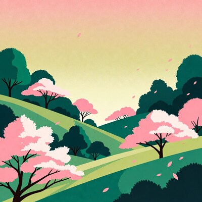 Cherry Blossom Trees on Green Hills