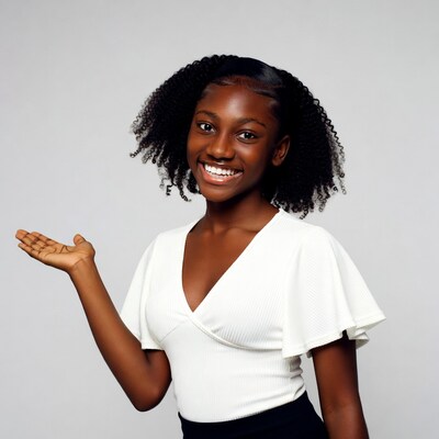 Smiling African-American woman gesturing hand