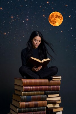 Asian woman reading on book stack under moon