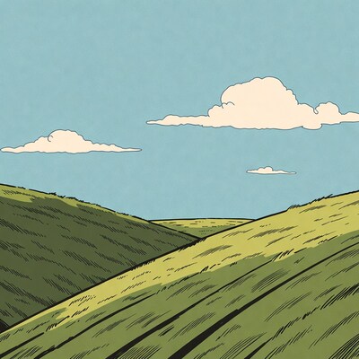 Green rolling hills under blue sky