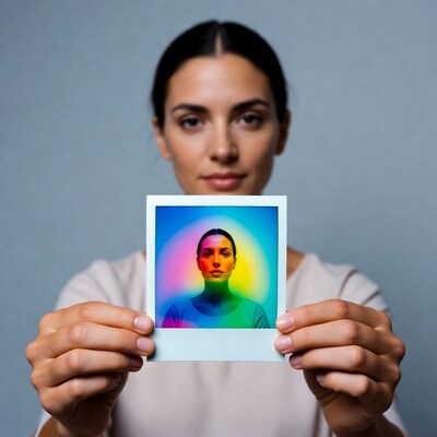 Woman holding colorful Polaroid photo