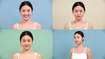 Asian woman four colored backgrounds