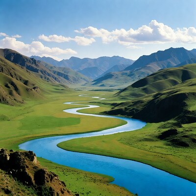 Winding blue river in green mountain valley