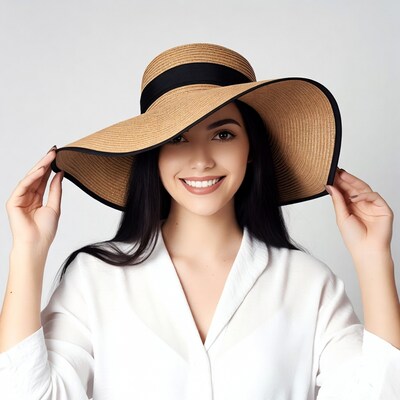 Woman holding wide-brim straw hat