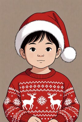 Asian boy in Santa hat and reindeer sweater